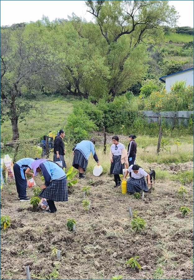 Estudiantes trabajando en el riego de la Tecnofinca.